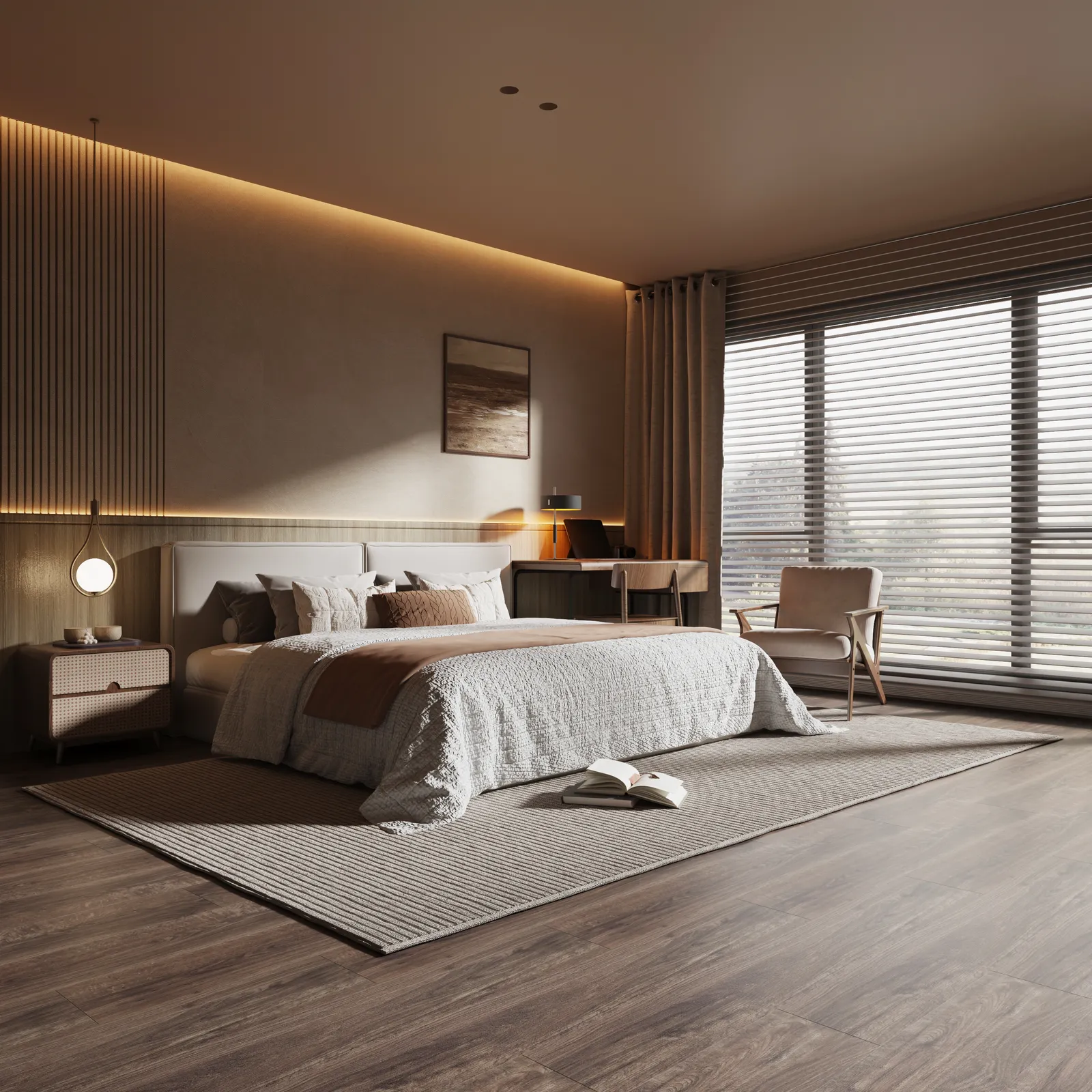 Primary bedroom with slatted panel wall and SPC oak flooring