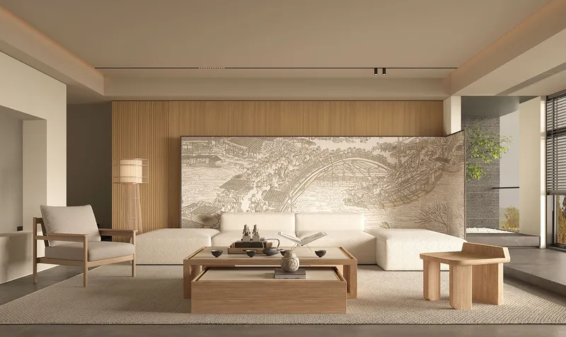 Living room with carved feature wall and oak slat surround