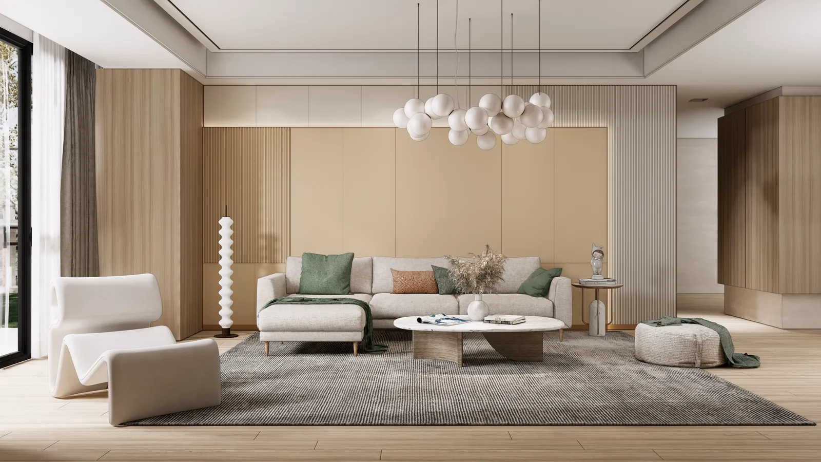 Living room with fluted piers and fabric-look panel field