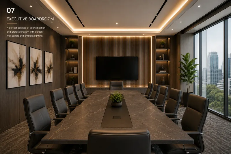 Executive boardroom with fluted walnut media wall