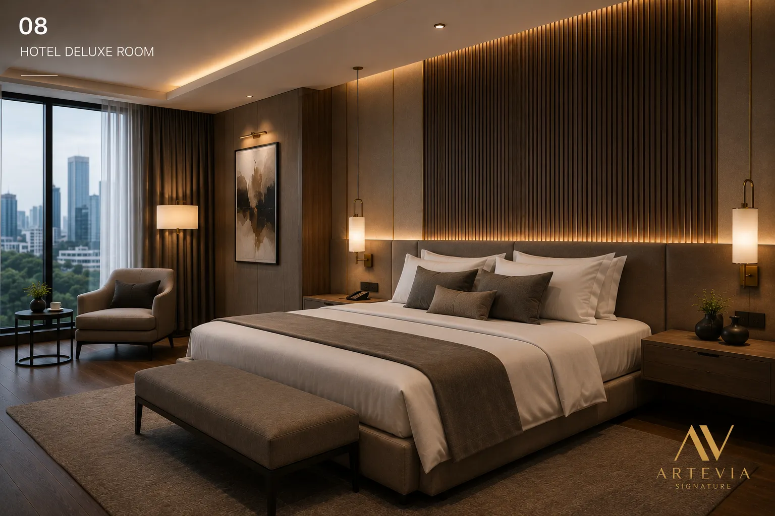 Hotel deluxe room with vertical slat panelling at dusk