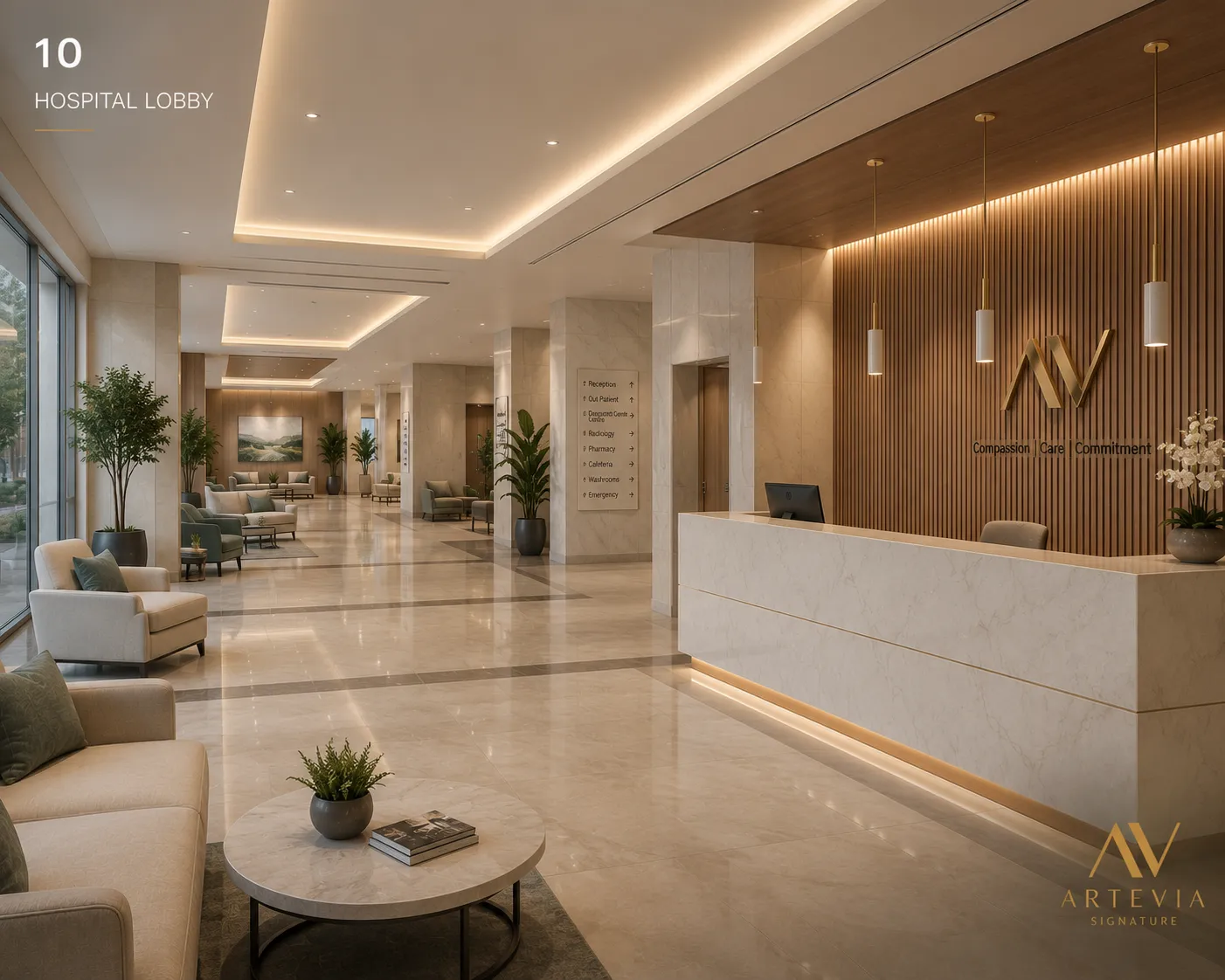 Hospital lobby with slatted wood feature wall and marble reception