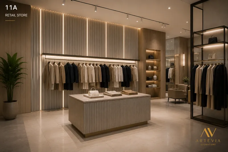 Boutique interior with cream fluted panels and brass garment rail