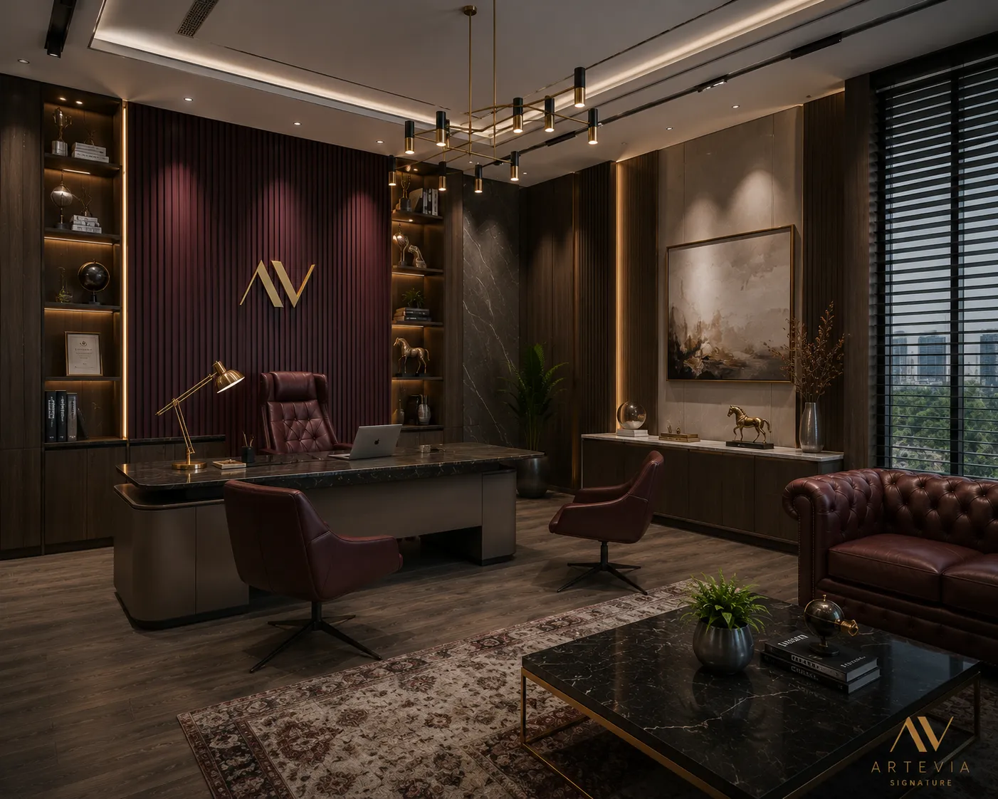 Executive study in burgundy fluted panels