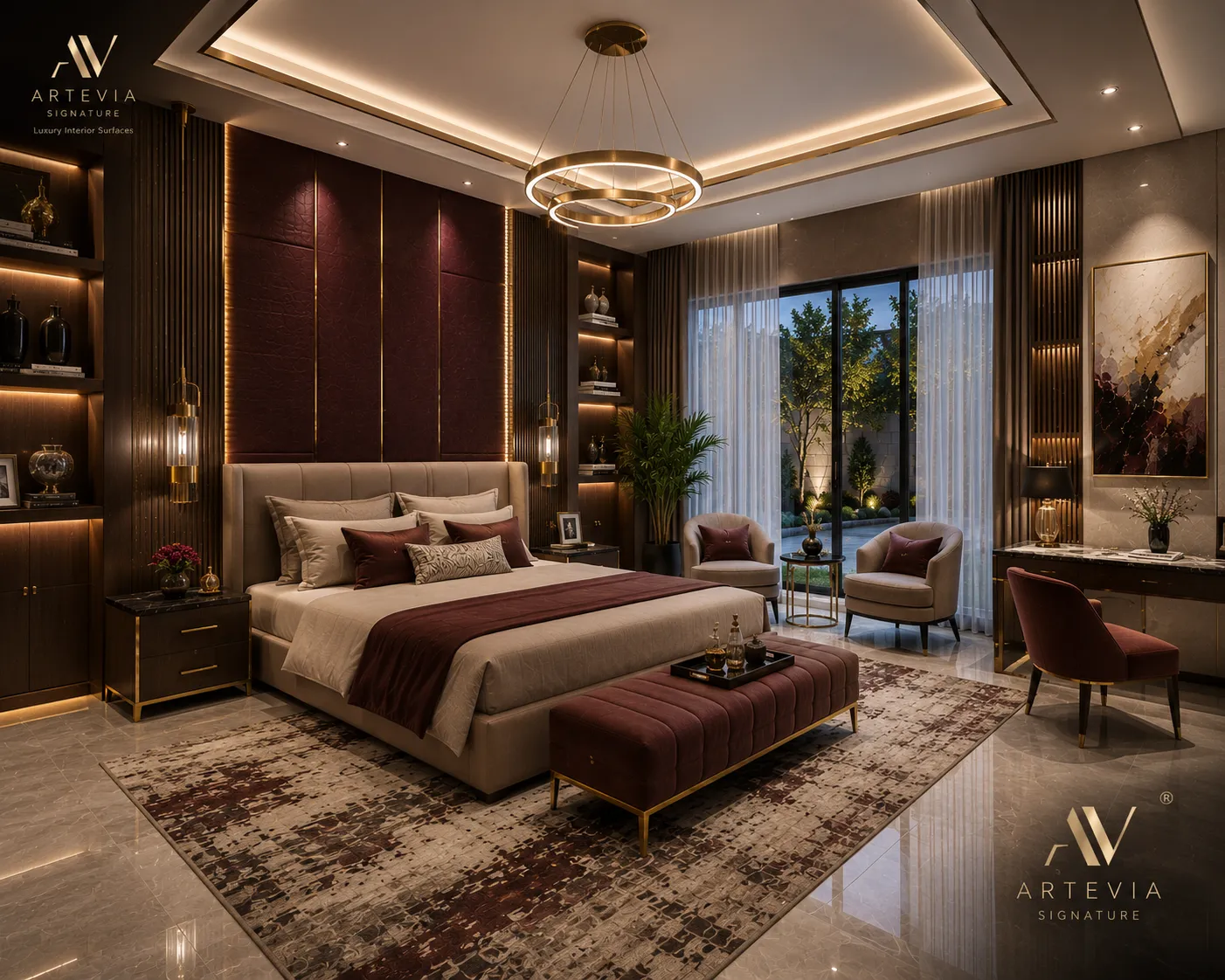Master bedroom with panelled headboard wall