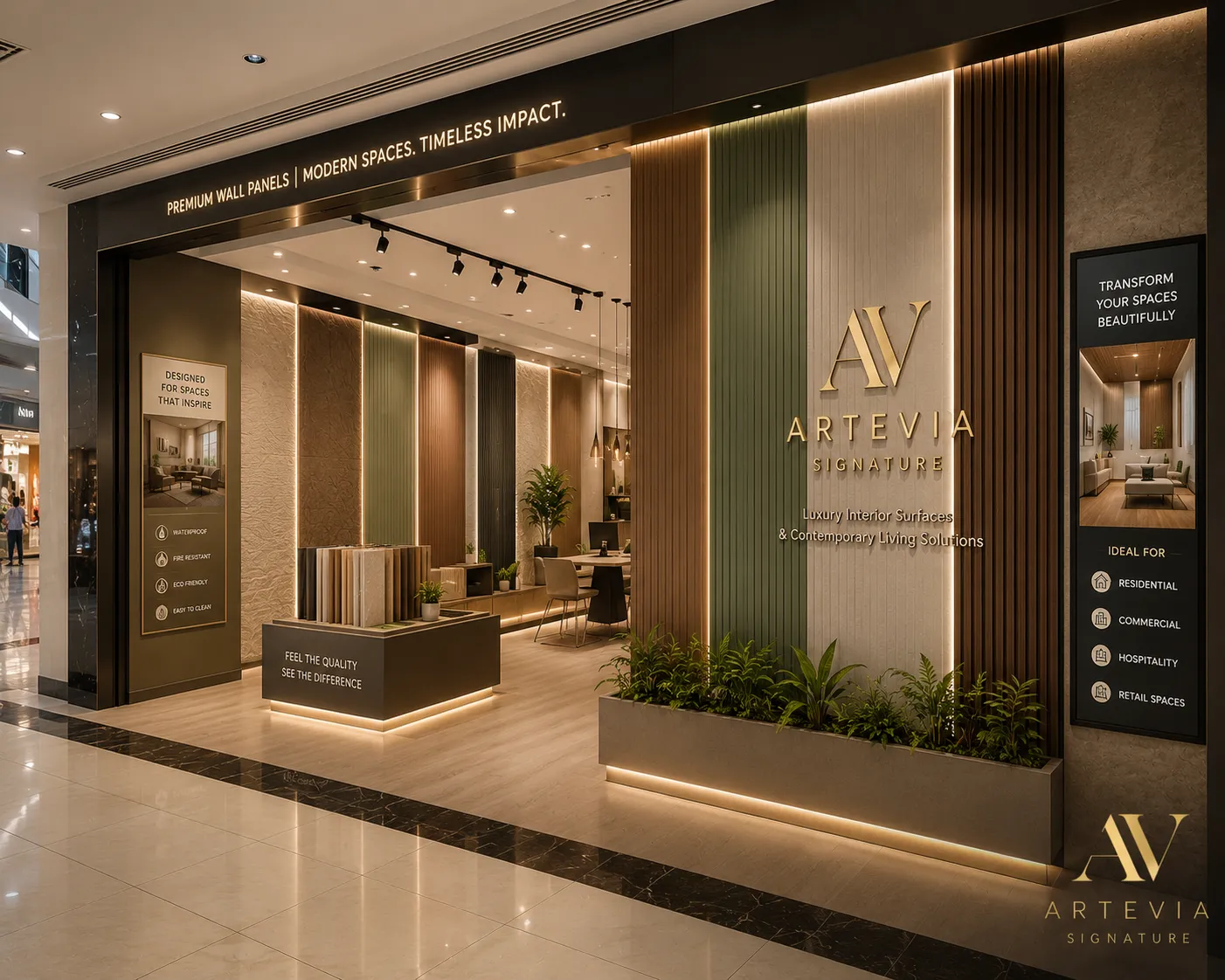Artevia Signature showroom storefront with fluted panel display